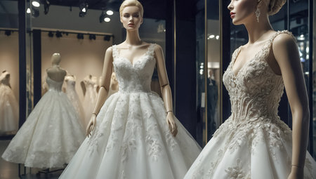 Wedding dress on a mannequin in a bridal salonの素材