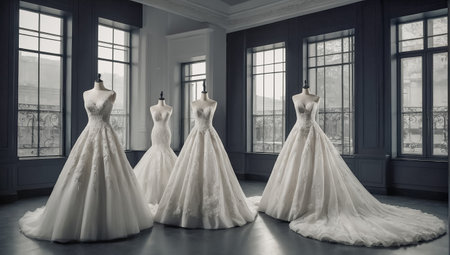 Wedding dress on a mannequin in a bridal salonの素材