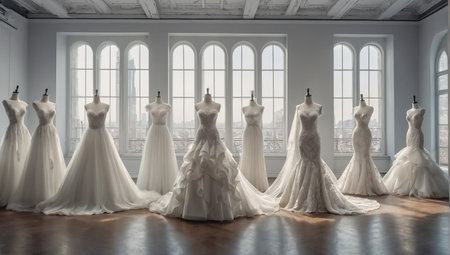 Wedding dress on a mannequin in a bridal salonの素材