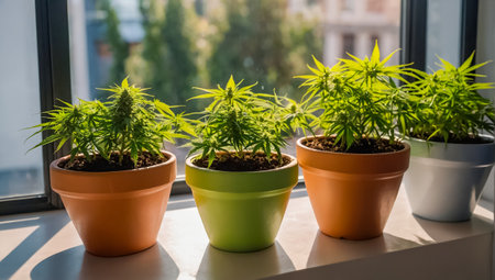 Cannabis plants in white pots on the windowsill. Indoor cultivation.の素材