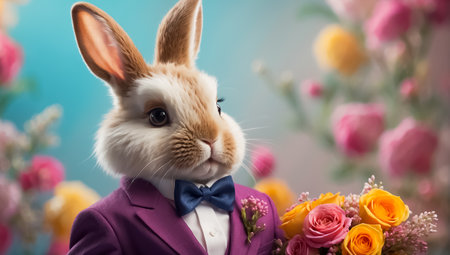 Funny rabbit with bow tie and top hat and bouquet of tulipsの素材