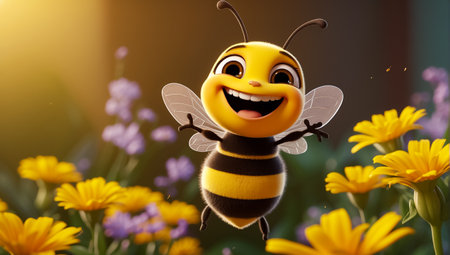 Honey bee on flower field in summertime. 3d renderingの素材