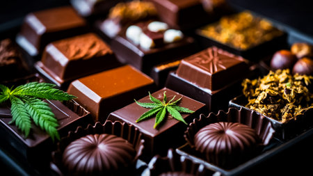 Assorted chocolate candies with marijuana leaves on a black background.の素材