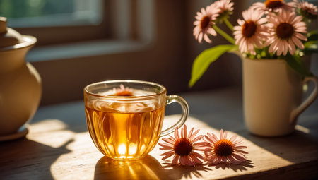 Cup of tea with echinacea flowers on the windowsillの素材