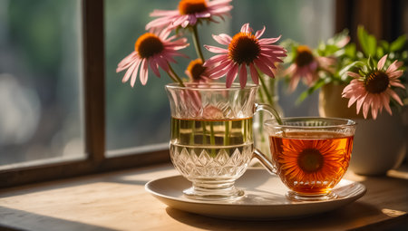 Cup of tea with echinacea flowers on the windowsillの素材