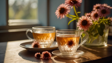 Cup of tea with echinacea flowers on the windowsillの素材