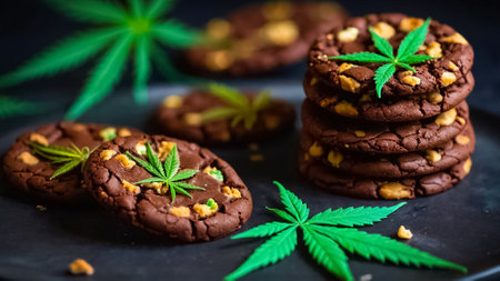 Cannabis Cookies with Chocolate and Green Marijuana Leaf on Dark Backgroundの素材