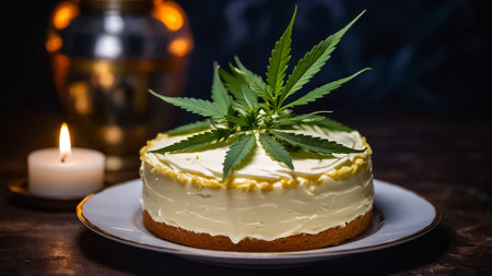 Cannabis cake with candies and marmalade on dark backgroundの素材