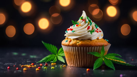 Cupcakes decorated with green buttercream frosting and decorated with marijuana leaves.の素材