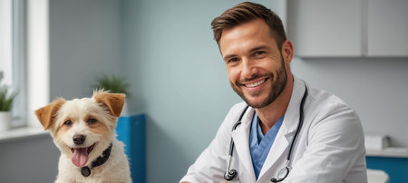 Male veterinarian doctor and cute dog in the clinicの素材