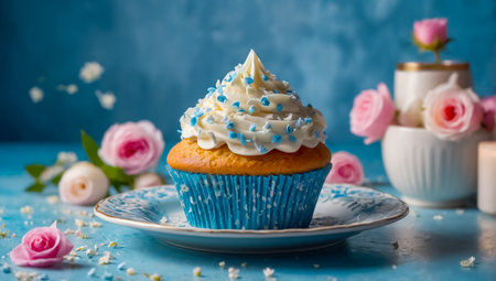 cupcake with blue cream and roses on a pink background. tinting. selective focusの素材