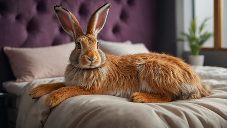 Cute red hare lying on a fur sofa in the roomの素材