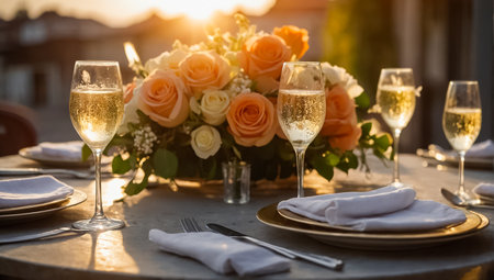 Two glasses of champagne on the table in a restaurant with orange rosesの素材