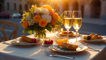 Two glasses of champagne on the table in a restaurant with orange rosesの素材