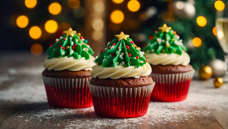 Christmas cupcakes with green frosting and decoration on wooden table.の素材