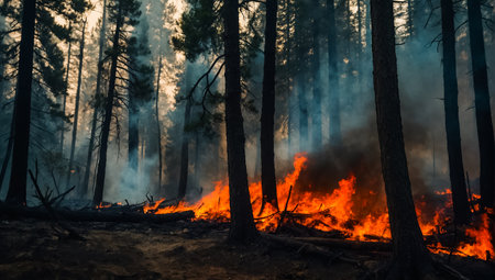 Forest fire in the forest at sunset. Burning dry grass and treesの素材