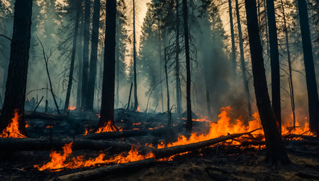 Forest fire in the forest at sunset. Burning dry grass and treesの素材
