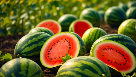 Ripe watermelons in the field. Selective focus.の素材