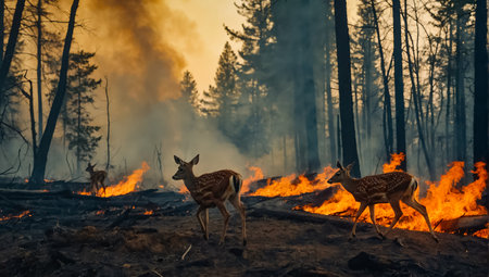 Deer forest fire, trees in smoke, flames damageの素材