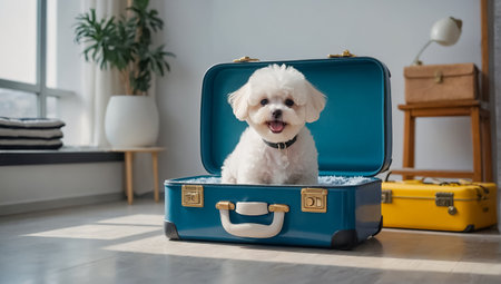 Cute dog Papillon in a suitcase at home. Travel conceptの素材