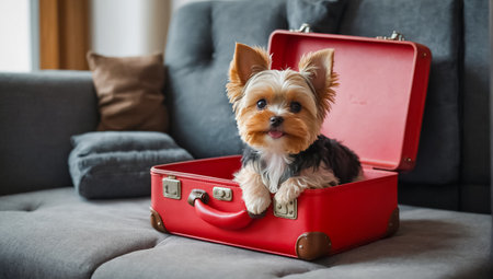 Cute dog Papillon in a suitcase at home. Travel conceptの素材