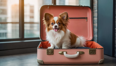 Cute dog Papillon in a suitcase at home. Travel conceptの素材