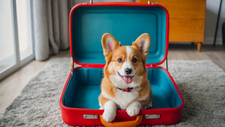 Cute dog Papillon in a suitcase at home. Travel conceptの素材