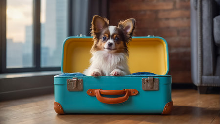 Cute dog Papillon in a suitcase at home. Travel conceptの素材