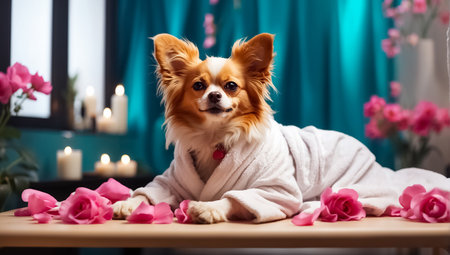 Shiba inu dog in a bathrobe at the spa.の素材