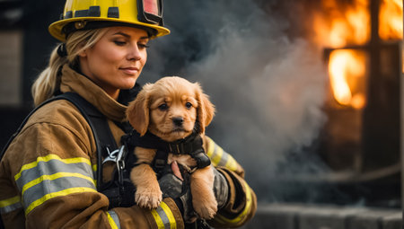 firefighter in uniform and helmet holding cute puppies in front of fireの素材