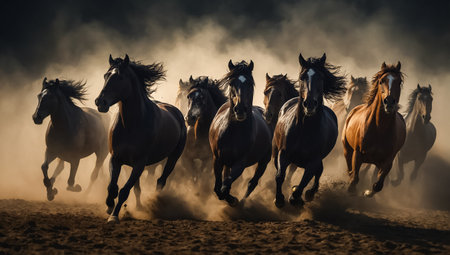 Magnificent herd of dark horses in the background freedomの素材