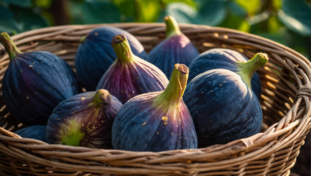 Fresh ripe figs in a basket in natureの素材