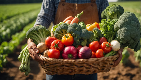 Farmer's hands holding a basket with fresh assorted vegetables harvest, fieldの素材