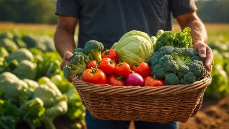 Farmer's hands holding a basket with fresh assorted vegetables harvest, fieldの素材