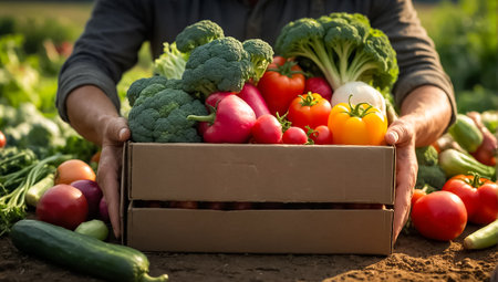Farmer's hands holding a box with fresh different vegetables harvest, fieldの素材