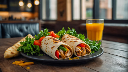 Tortilla wrap with chicken and vegetables on rustic wooden tableの素材