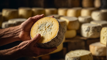 Man's hands with cheeseの素材