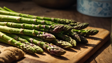 Bunch of fresh green asparagus in wooden bowl on rustic tableの素材
