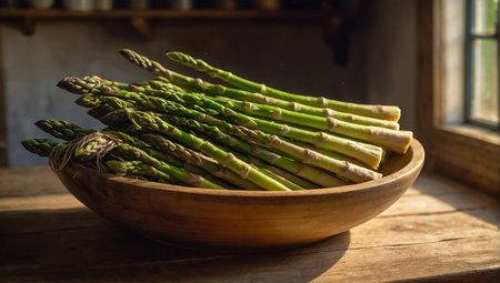 Bunch of fresh green asparagus in wooden bowl on rustic tableの素材