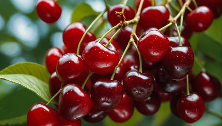 Ripe red cherries on the background of the summer landscape.の素材