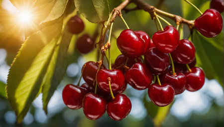 Ripe red cherries on the background of the summer landscape.の素材