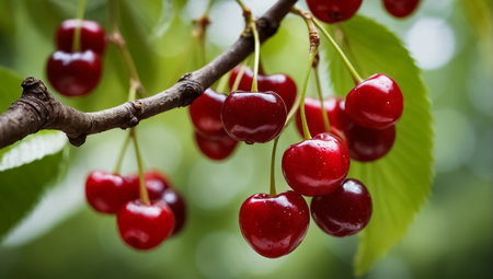 Ripe red cherries on the background of the summer landscape.の素材