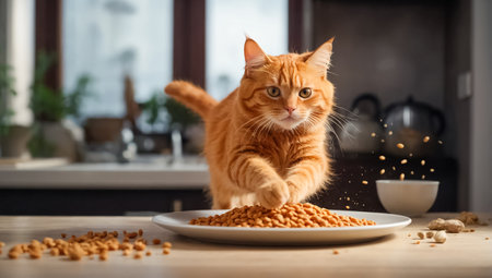 cute cat hungry with dry food runningの素材