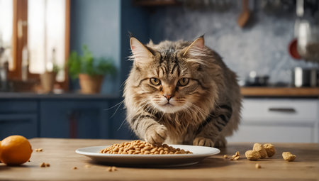 cute cat hungry with dry food runningの素材