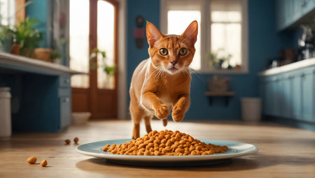 cute cat hungry with dry food runningの素材