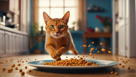 cute cat hungry with dry food runningの素材
