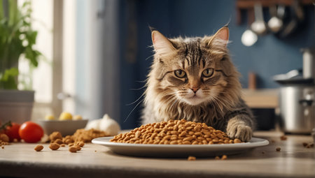 cute cat hungry with dry food runningの素材