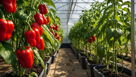 ripe peppers in a greenhouseの素材