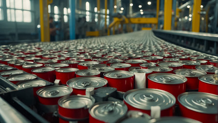 iron cans with drinks on a conveyor beltの素材