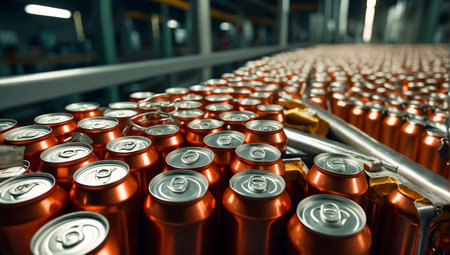 iron cans with drinks on a conveyor beltの素材